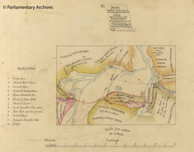 1825 plan of Hayle in Cornwall, showing the design for bridges, a turnpike road and an embankment causeway 1825 plan of Hayle in Cornwall, showing the design for bridges, a turnpike road and an embankment causeway